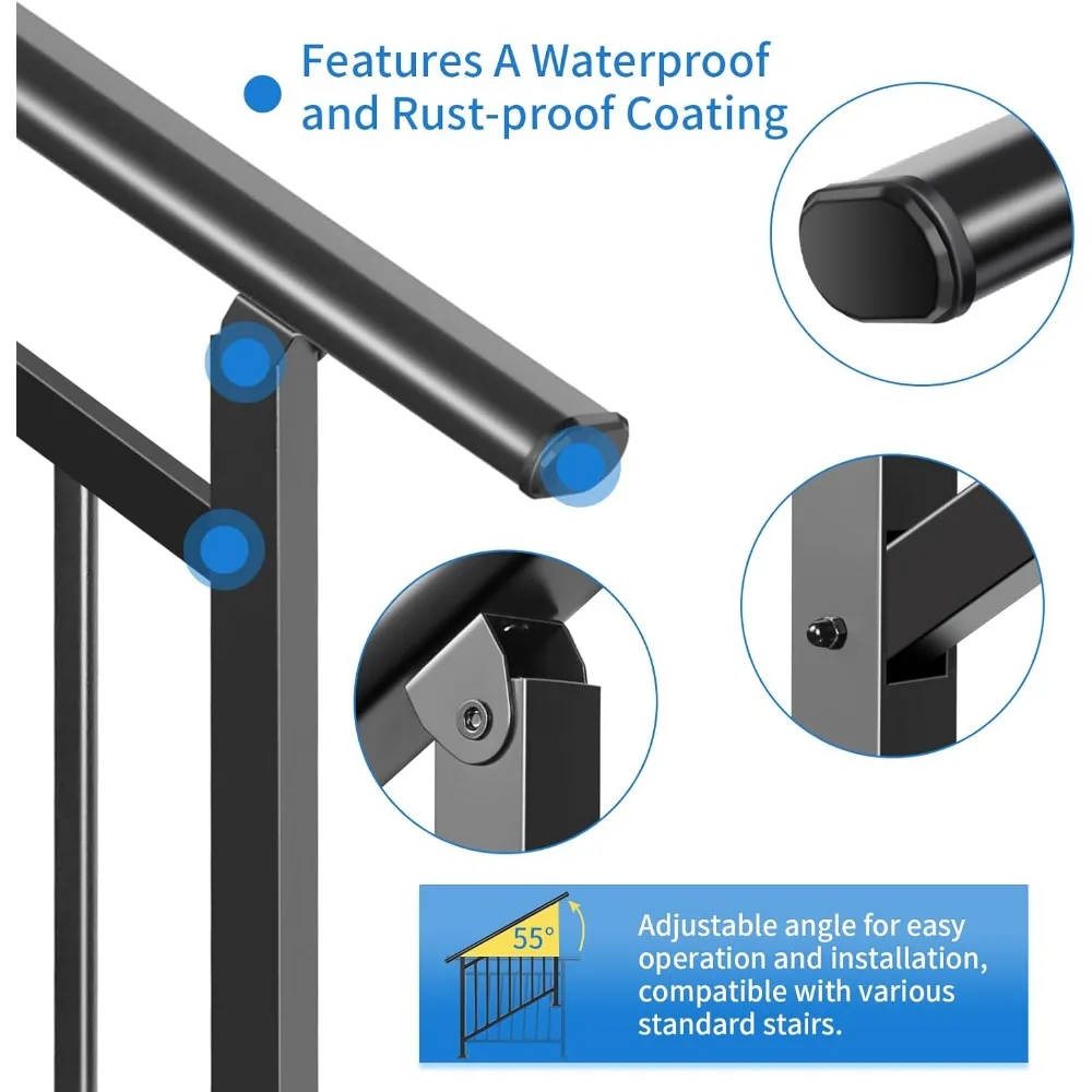 2-in-1 3 Step Stair&Horizontal Handrail Outdoor,Black Wrought Iron Handrails for Outdoor Steps,Porch Railing,Installation Kit