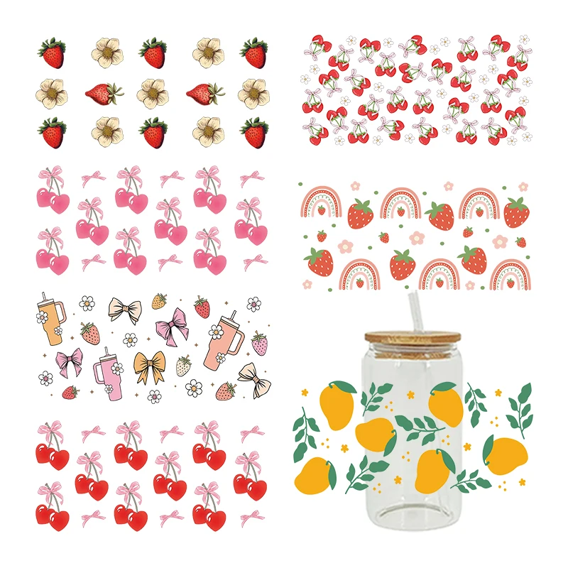 Cartoon Fruit/Cherry/Strawberry Pattern UV DTF Transfer Stickers Libbey Cup Wrap Iron For Glass 16oz D16317