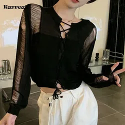 Karrcat Black Gothic Thin Pullover Grunge Hollow Out Knit Cropped Sweater Hole Broken Bandage Jumpers Korean Fashion Streetwear