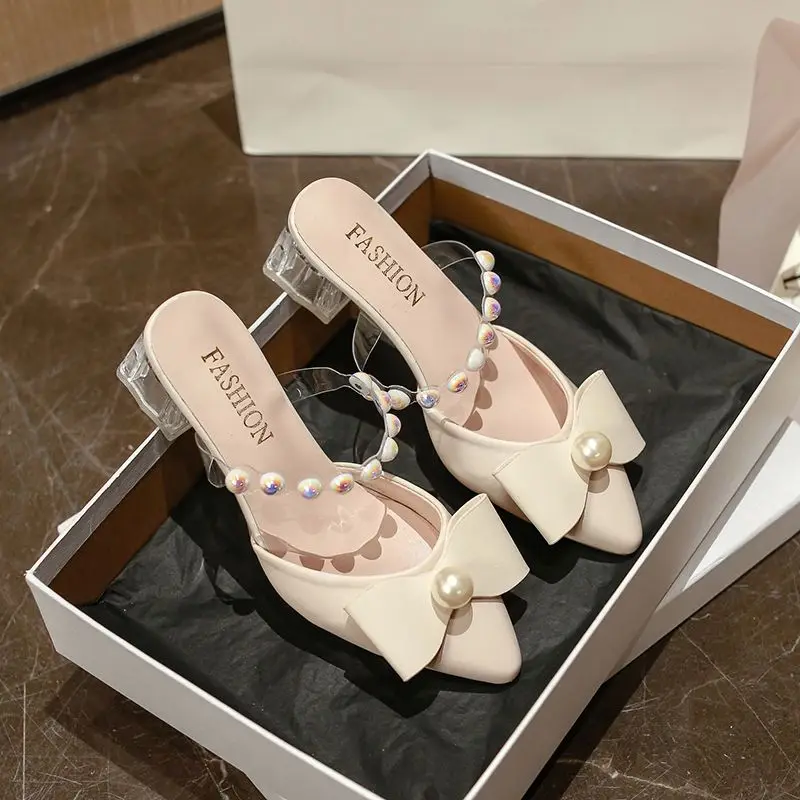 

Women Summer Outdoor High Heel Mule Half Slippers 2026 New Arrival Korean Style Pointed Toe Chunky Heel Lazy Slip On Sandals