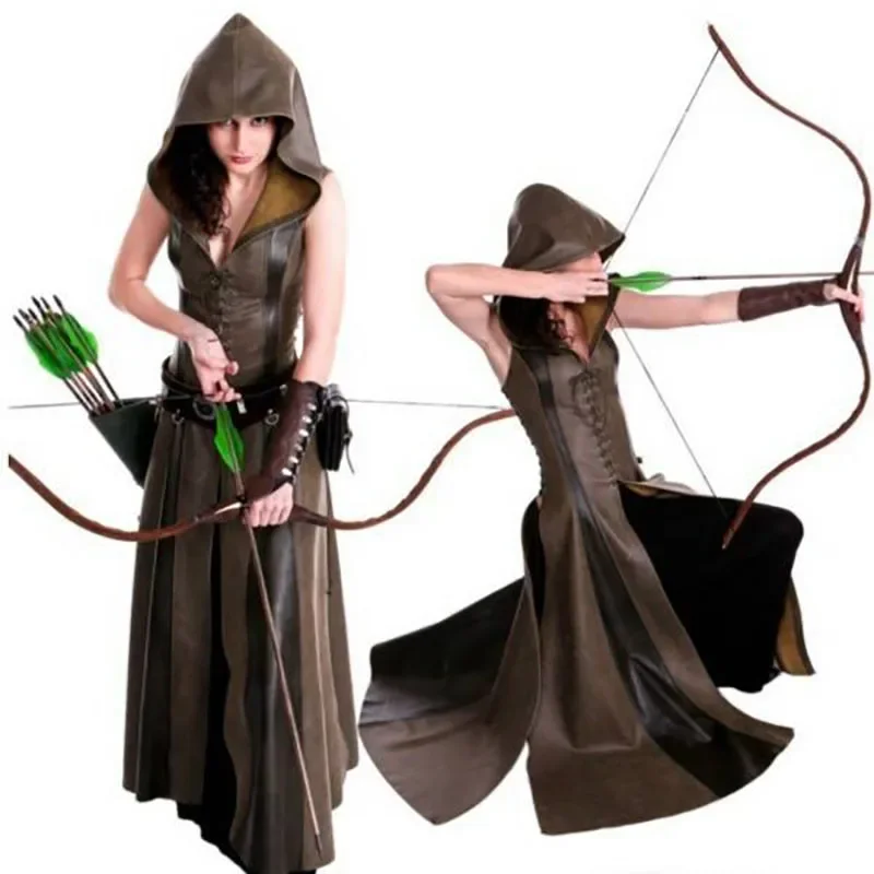 Vrouwen Middeleeuwse Larp Archer Ranger Elf Kostuum Vrouwelijke Krijger Halloween Robin Cosplay Bandage Jurk Lederen Capuchon Gewaad Maxi Mantel