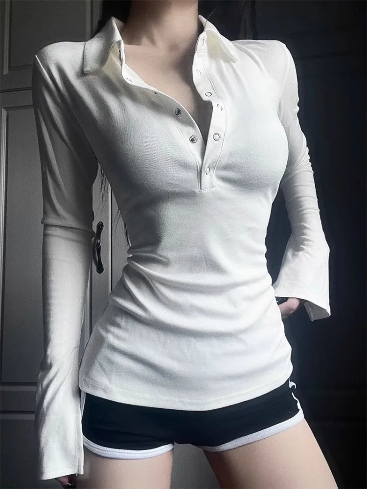 

Simple Lapel Neck Long Sleeve T-shirts 2025 Spring Autumn New White Tee Shirt Y2k Slim Waist All-match Top for Women