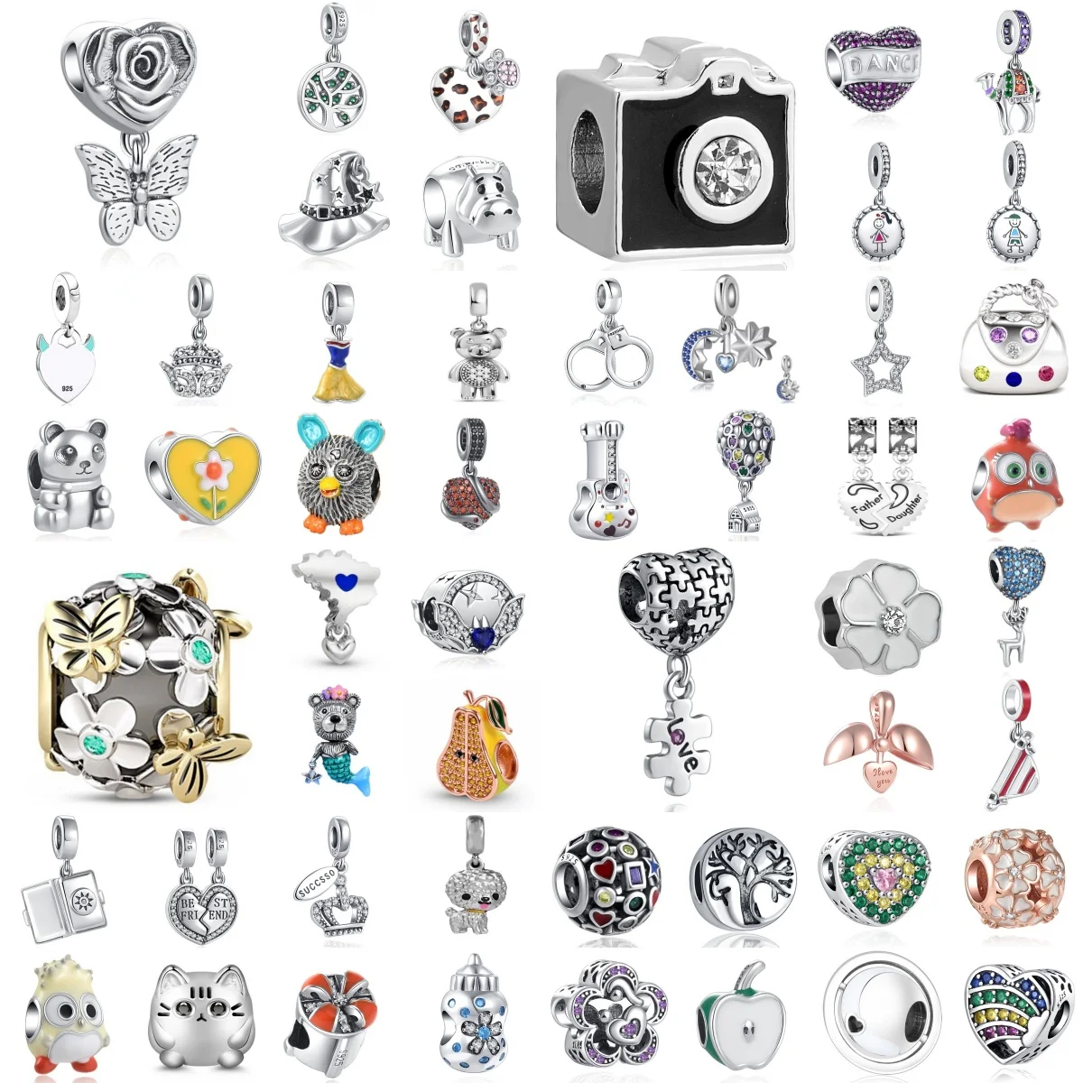 Mixed 925 Silver European Charms Butterfly Cat Owl Panda Tree of Life Camera Beads Fit Snake Bracelet DIY Making Jewelry Accesso