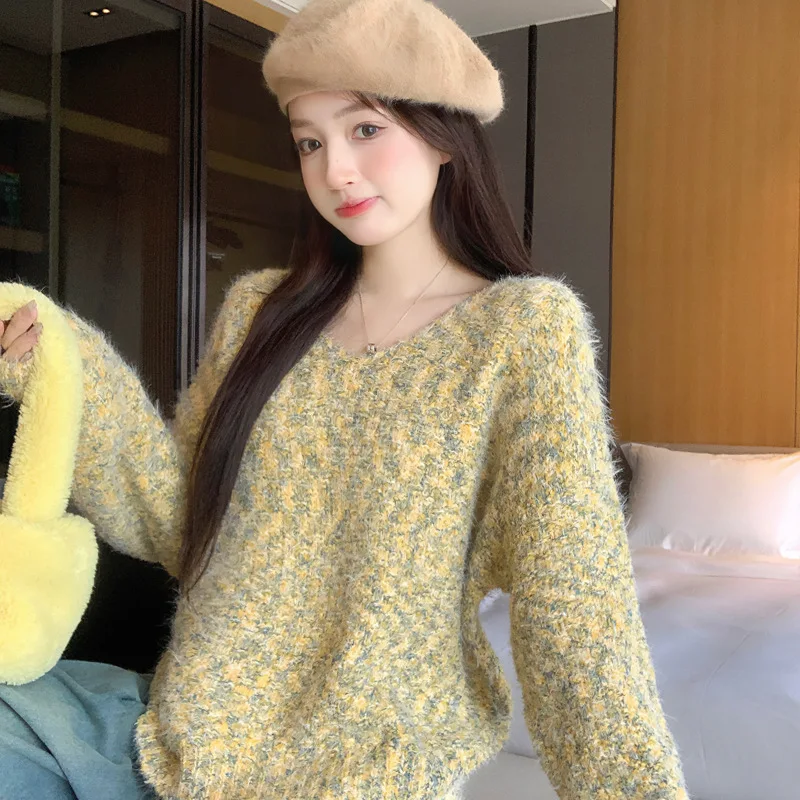 

Мягкий и ленивый свободный универсальный разноцветный нишевый осенне-зимний новый свитер, женский вязаный топ в корейском стиле V