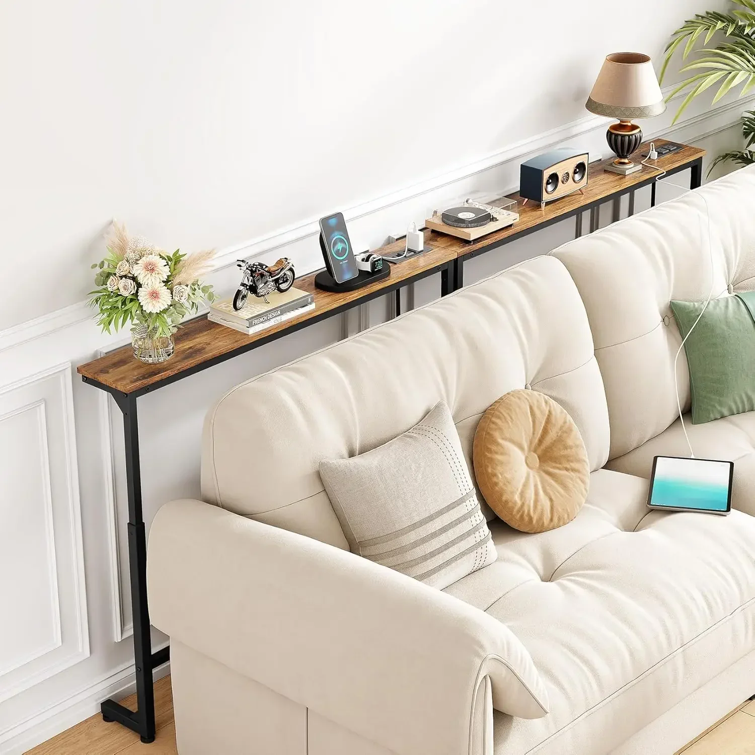 طاولة كونسول ضيقة مكونة من قطعتين مع ارتفاع قابل للتعديل (25 بوصة - 33 بوصة) ومنافذ طاقة، طاولة أريكة بنية ريفية، بطول 79 بوصة مع سلك 4.9 قدم #2