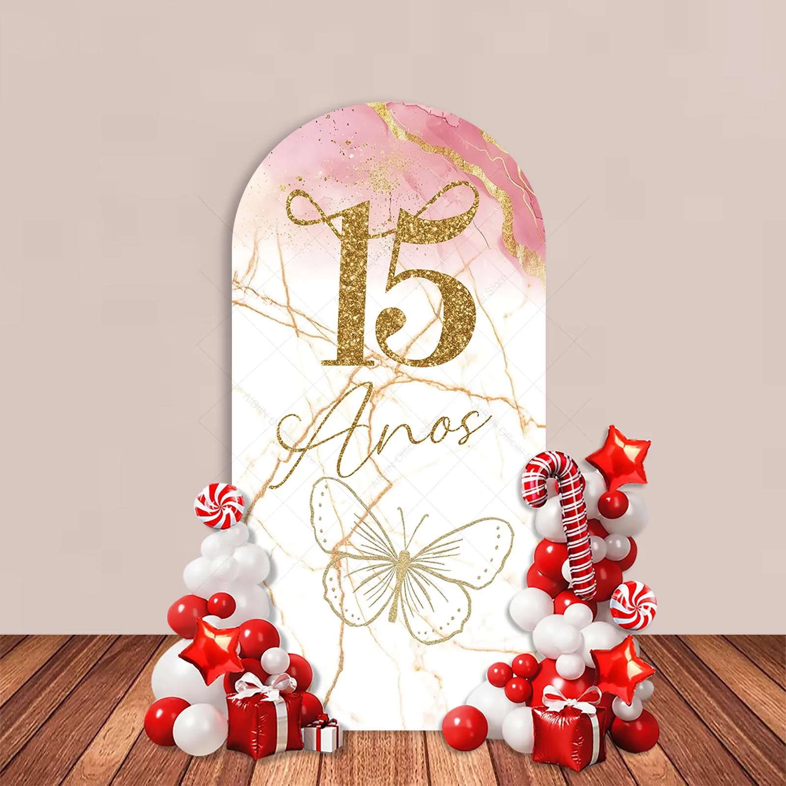 Quinceanera 15 Year Birthday Arch Backdrop Cover Pink Butterfly Marble Girl Princess Party Decor Cake Portrait Wall Background