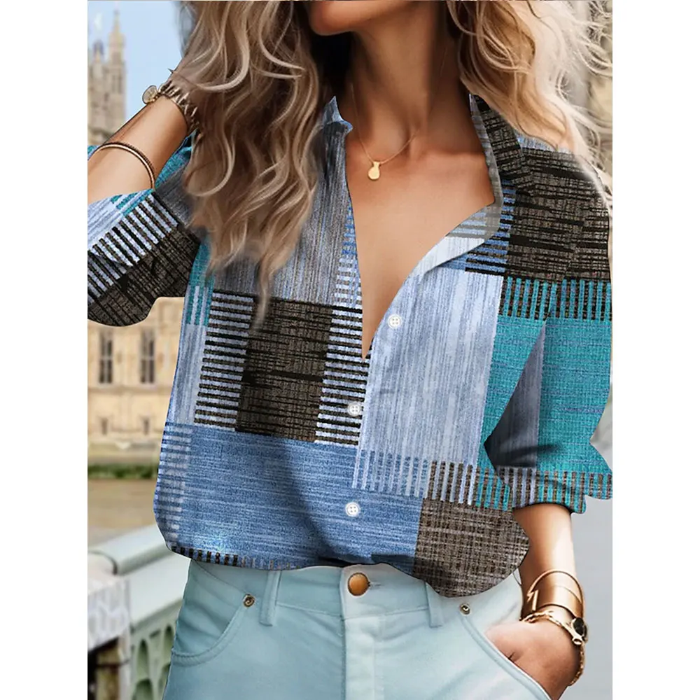 

Retro-style women's 3d checkered and printed long-sleeved shirts, classic button-down shirts, work clothes, long-sleeved shirts
