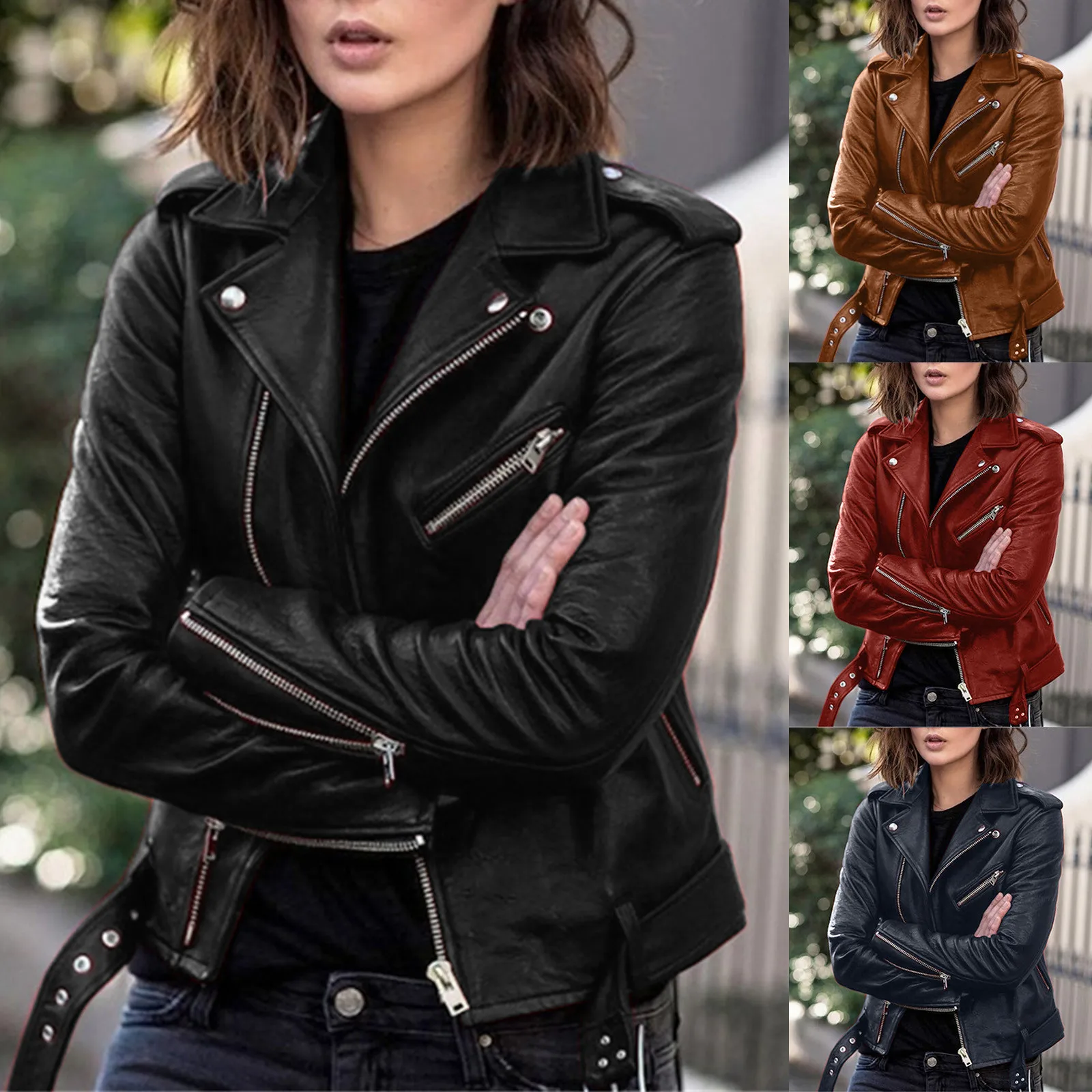 Damen-Freizeit jacken aus Leder mit durchgehendem Reiß verschluss Langarm-Patchwork-Jacken mit Revers hals und Taschen Herbst-Moto-Biker jacke