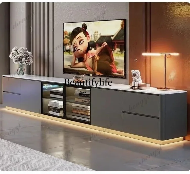 Y136 Y136 Light luxury high-end light strip curved TV cabinet, living room home rock slab solid wood TV cabinet