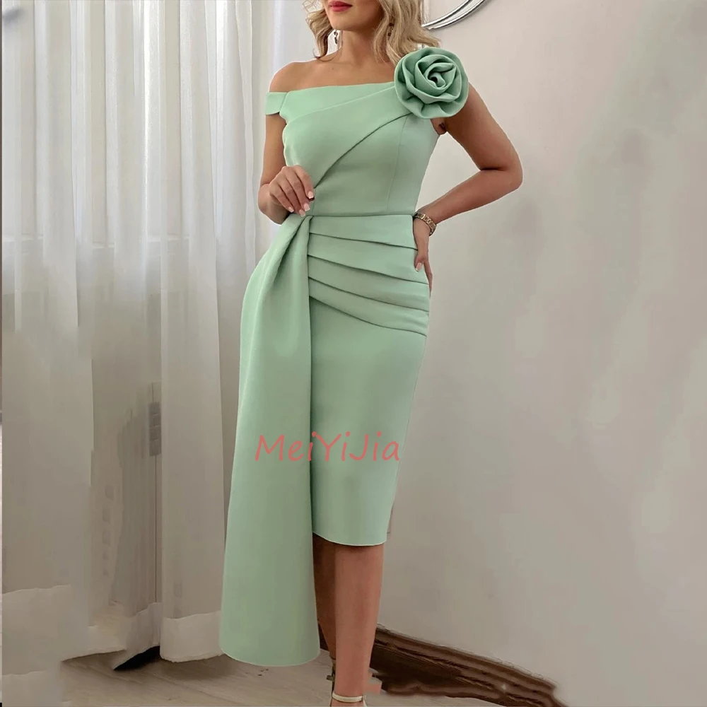 MeiYiJia Off-the-shoulder Ruffle Satin Flower Sleeveless Tea-Length Saudi Arabia Sexy Evening Birthday Club Outfits Summer 2024