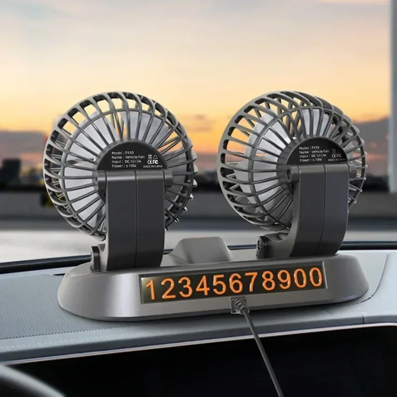 Auto-Lüfter, USB/12 V/24 V, Doppelkopf, verstellbar, 360° °   Elektrischer Auto-Ventilator, leiser, multifunktionaler, temporärer Parkkarten-Autoventilator mit 2 Geschwindigkeiten