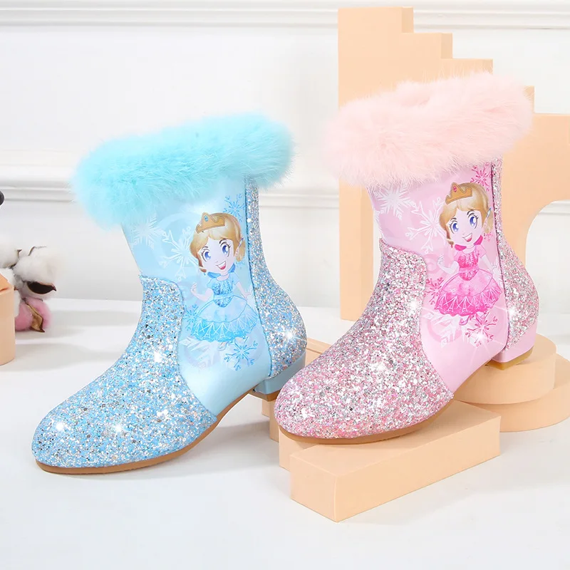 girls High Heel Boots 2024 Winter New Children\'s Short Boots Little Kids Plush Warm Snow Boots Elsa Princess Cotton Boots