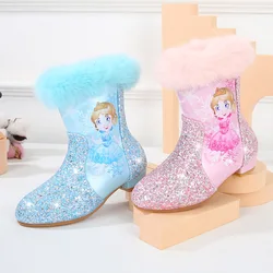 girls High Heel Boots 2024 Winter New Children's Short Boots Little Kids Plush Warm Snow Boots Elsa Princess Cotton Boots