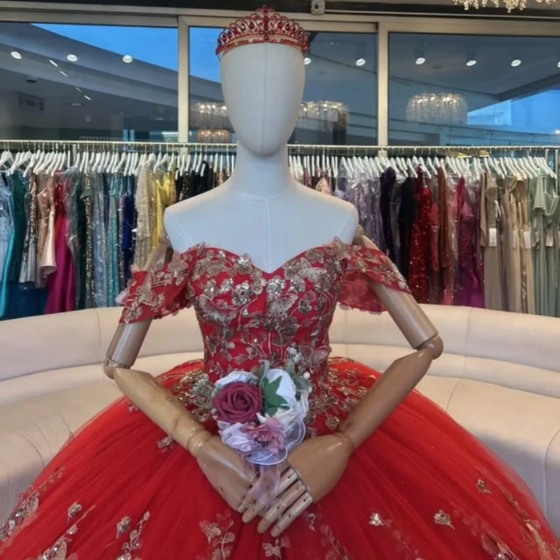 

Red Quinceanera Dresses Off the Shoulder Glitter Silvery Flower Decal Crystal Long tail Vestido De 15 Quinceanera Customize