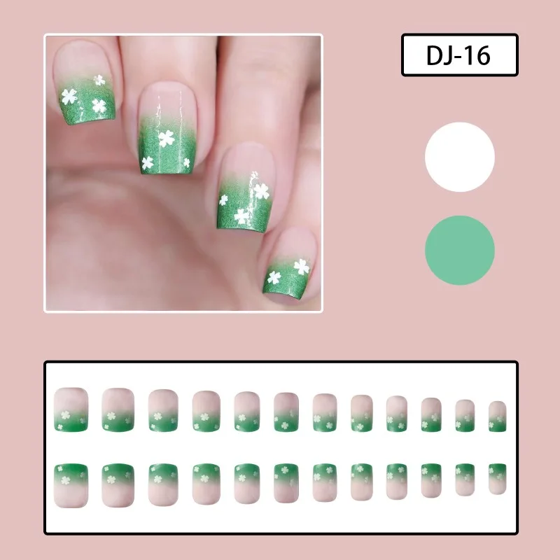 24pcs/set Four-leaf Clover Green Short Press on Acrylic Nails with Glue Cheap Fake Nail Square False Nails Full Set Cute Summer