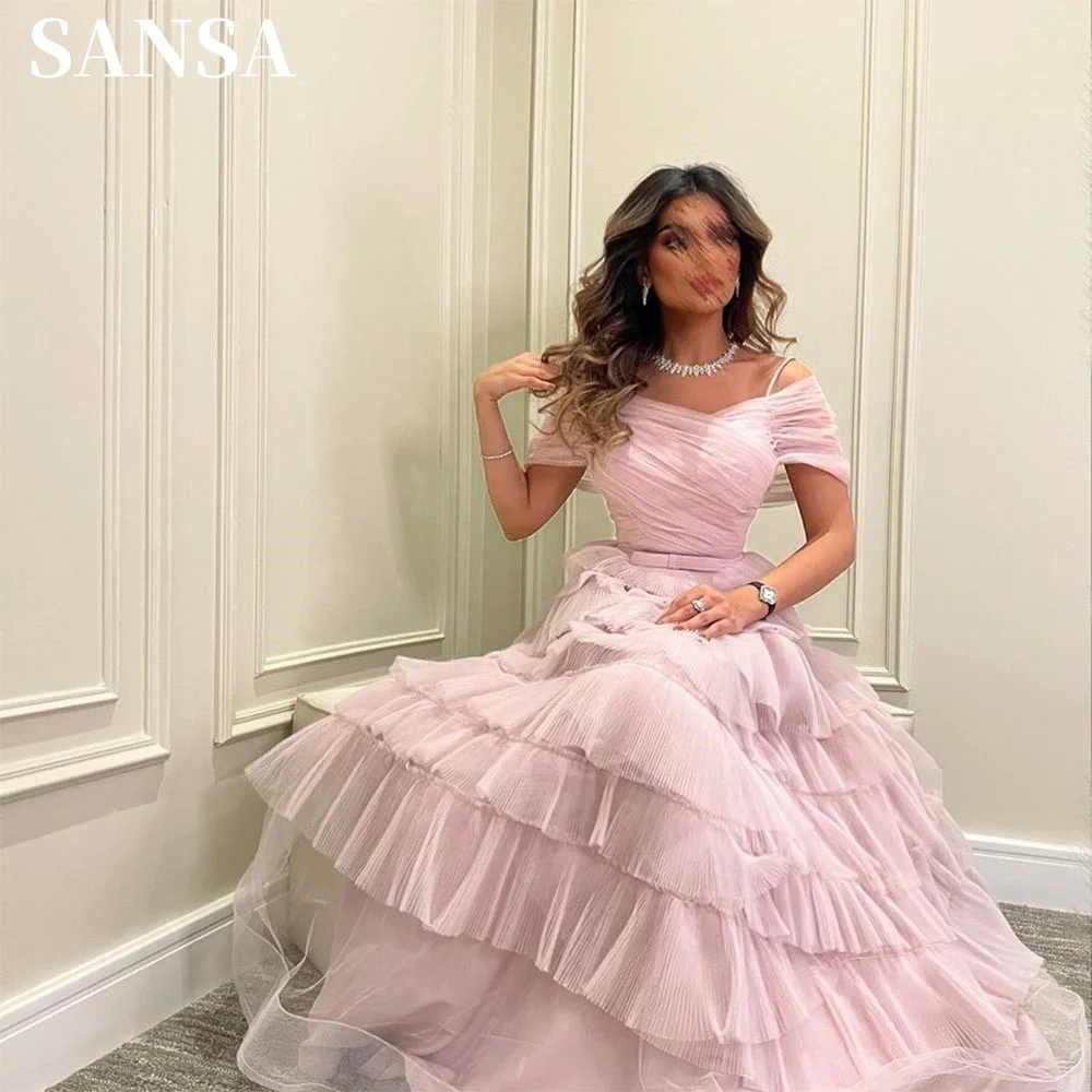 

Sansa Elegant Off Shoulder فساتين سهره فاخره 2023 Light Pink Multilayer Prom Dress Sweet Short Sleeve A-line Vestidos De Noche