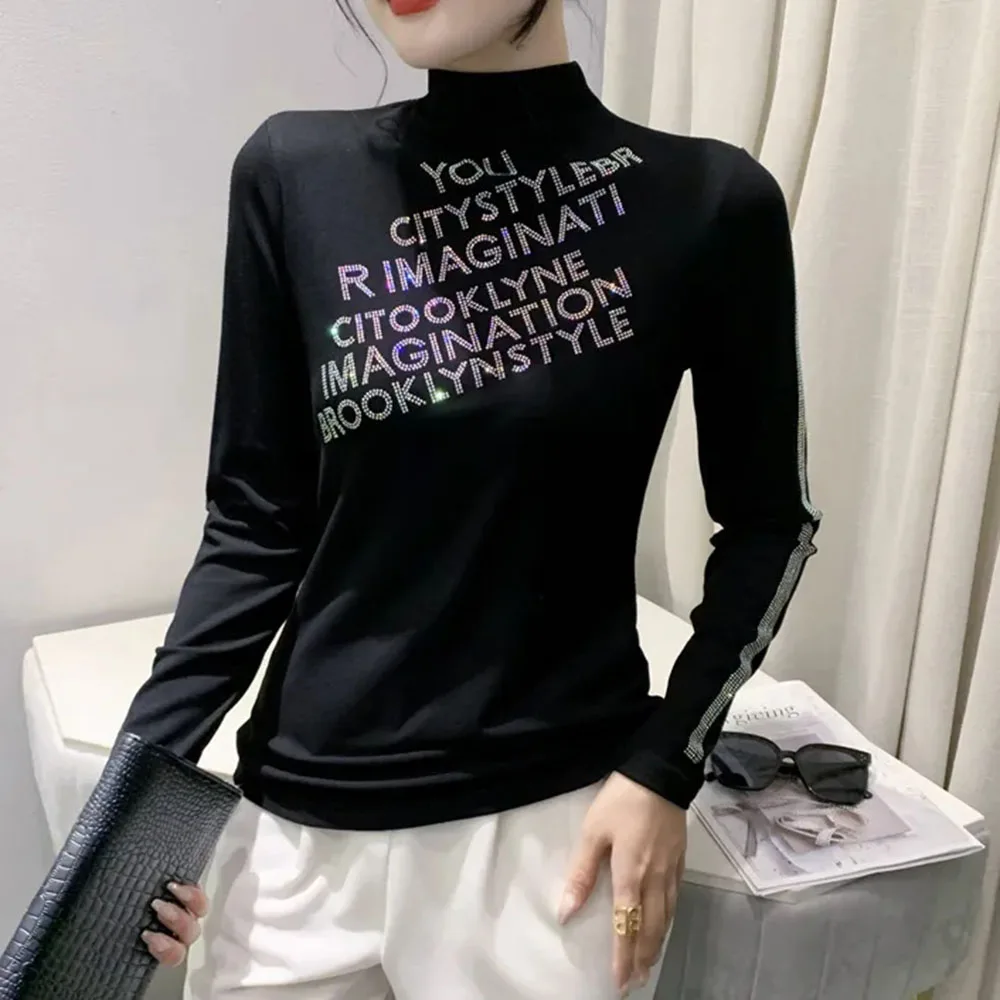 Fashion Diamonds Letter Turtleneck T-Shirt Female Clothing 2023 Autumn Winter Casual Oversize Pullovers Commuter Tee Shirt 4XL