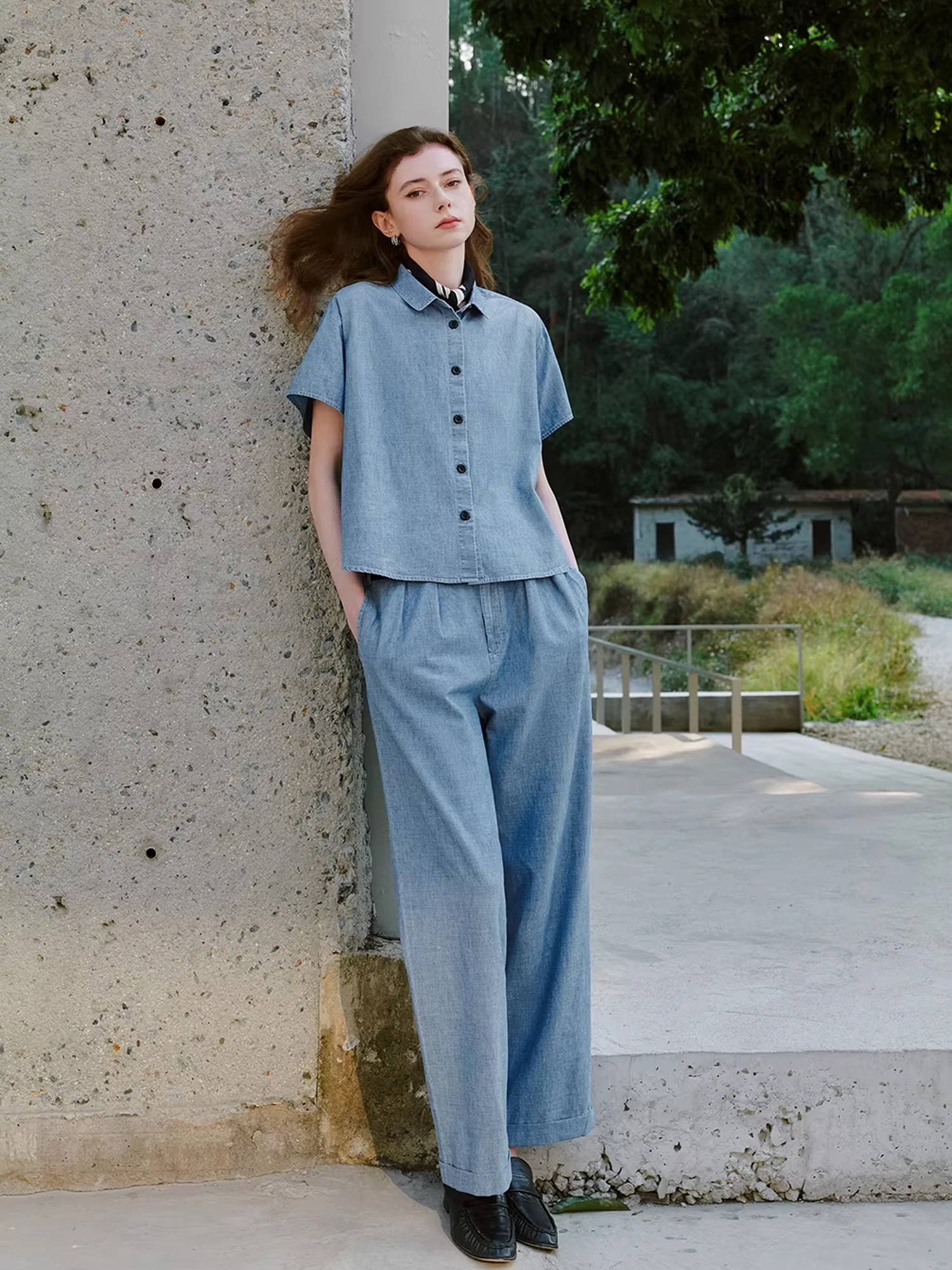 

Affinity Lightweight Soft Denim Short Sleeve Shirt And Pants Set High Waist Trousers Autumn Spring Summer Versatile Women's F...