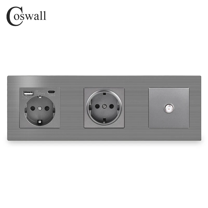 COSWALL L1 Series Grey Brushed Aluminum Panel Gray Wall Switch EU Socket HDMI-compatible USB Charger TV RJ45 Modules DIY