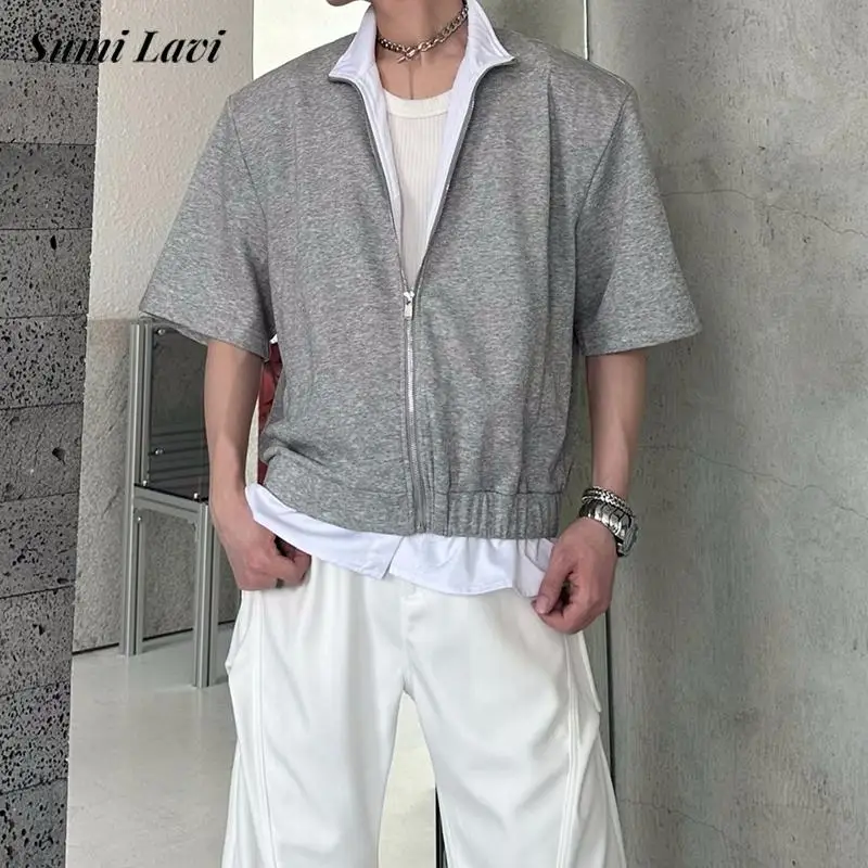 

Fashion Patchwork Contrast Color Shirt For Mens Summer New Casual Zip-up Turn-down Collar Shirts Men Vintage Short Sleeve Shirts