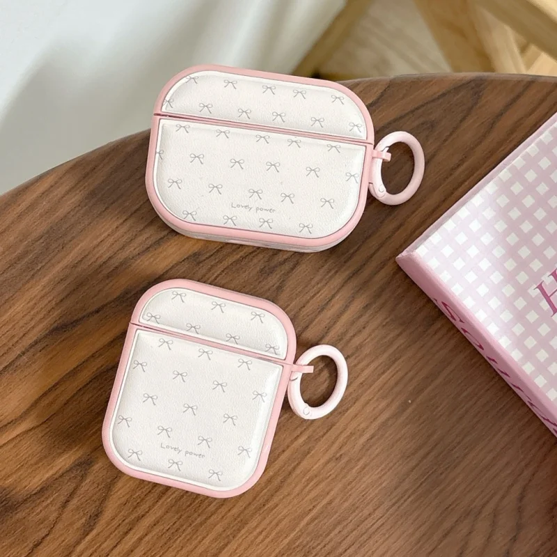 

Korean Pink Bow Knot Cute Headphone Case For Apple Airpods 4 3 2 Pro 3 Cover Leather Silicone Headset Cases For Airpod Pro3 Capa