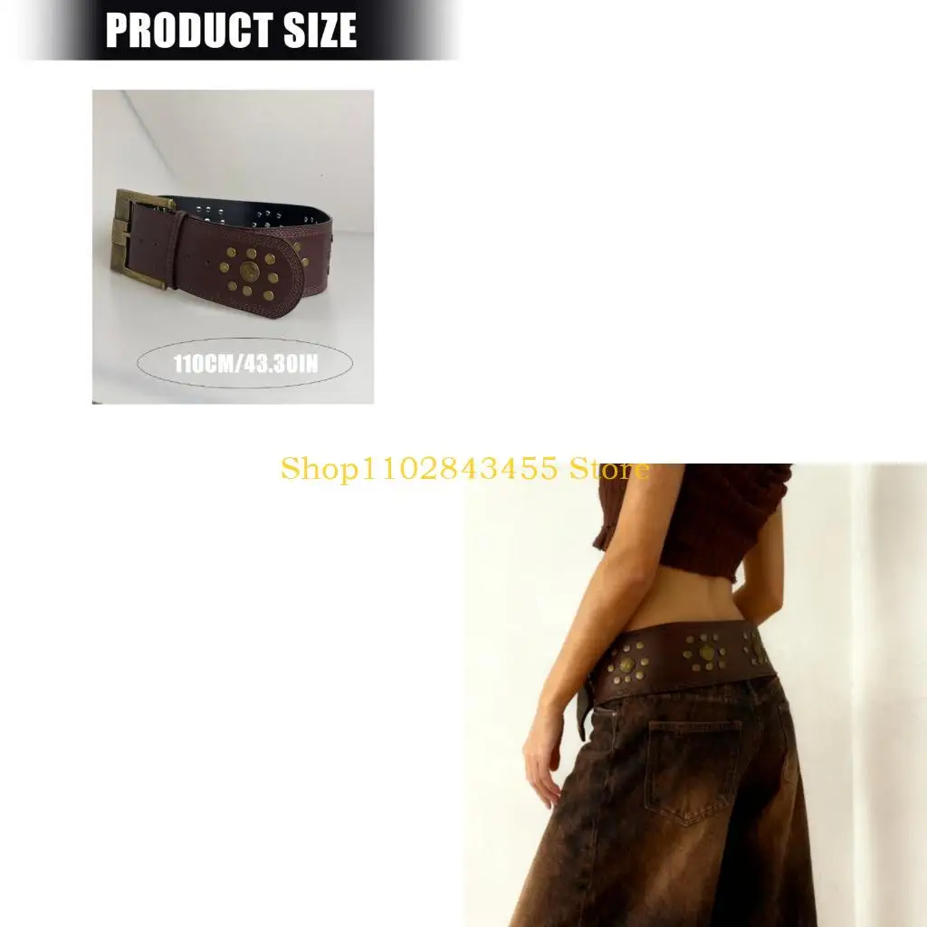 49MC PU Leather Look Wide Waist Belt for Women with Studded Detail and Pin Closure for Dress, Top and Outerwear Styling