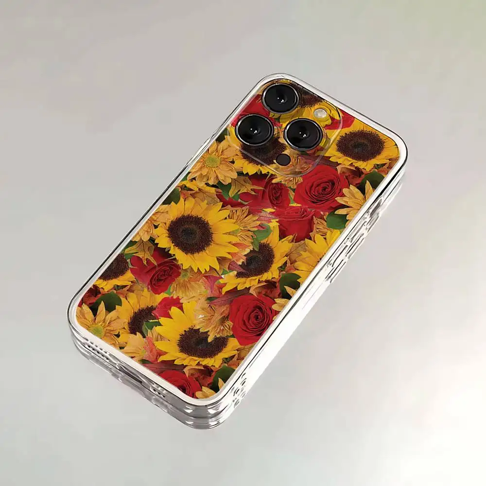 Capa de telefone rosa e girassol para iPhone 17,16,15,14,13,12, Pro, Max, Plus, E, SE4, Air, Mini capa transparente