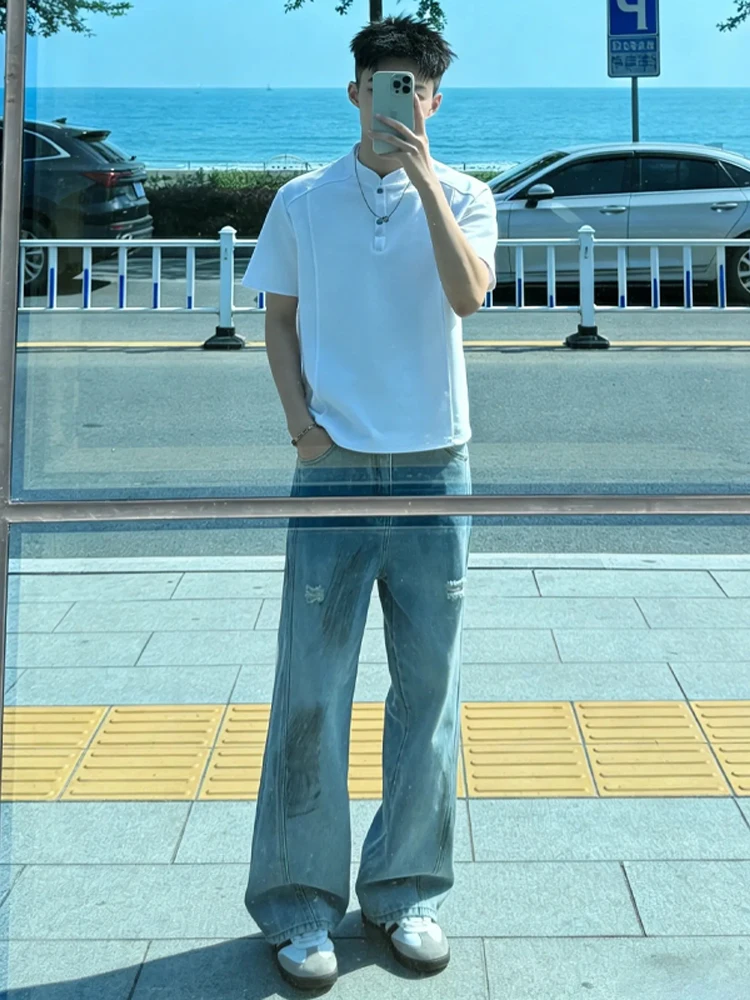 

Retro American Washed Men's Jeans High Waist Straight Leg Torn Denim Pants Trendy Youthful Brand Bootcut Slimming Pants