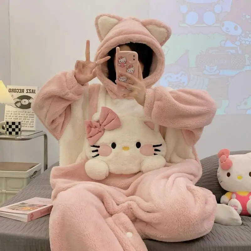 

Kawaii Hello Kitty, милые сиамские пижамы, женские коралловые бархатные осенне-зимние Sanrioed, милая утолщенная теплая фланелевая домашняя одежда