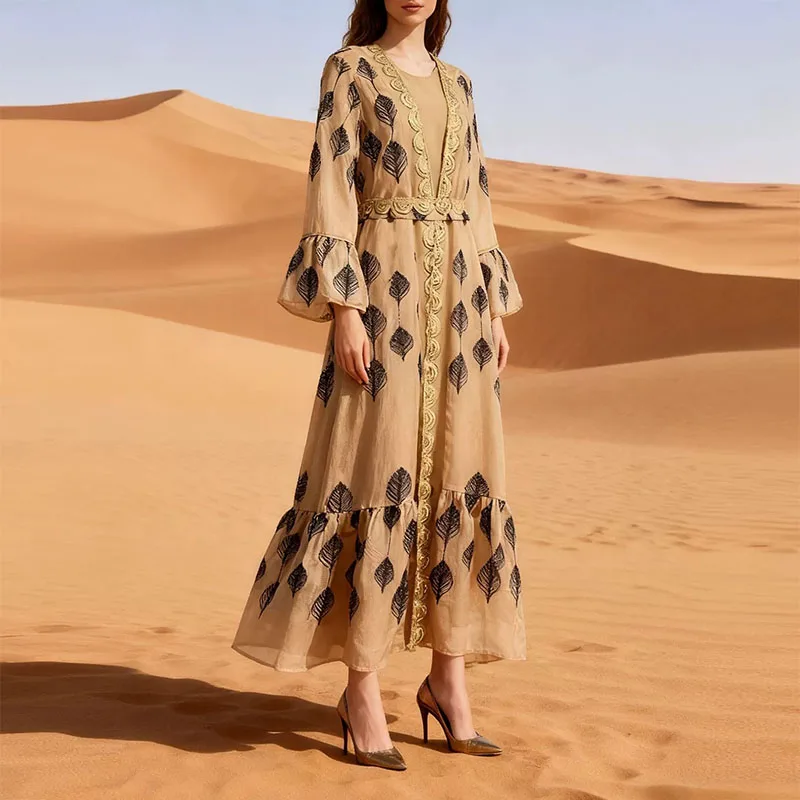 

Leisure Leaf Printed Loose Commute 2 Piece Sets Elegant Lady Simple Outfits Vintage Solid Color Halter Vestidos Dress&Coat Suits