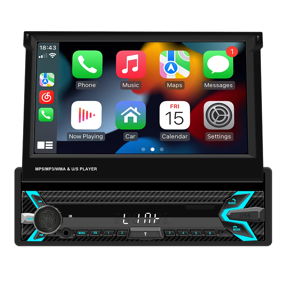 

Universal 7 Inch Retractable Screen Single Din Car Radio With Wireless Carplay And Wireless Android Auto