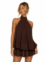 Womens Summer Dresses Halter Tie Mini Dress With Built-in Shorts, Chiffon Elegant A-Line Backless Sundress - Image 2