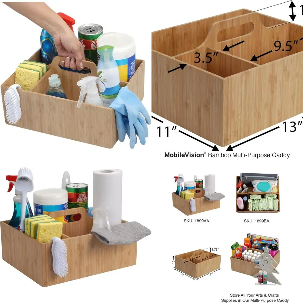 

Sturdy Bamboo 3-Compartment Caddy with Handle for Cleaning Essentials, Bottles, and Accessories