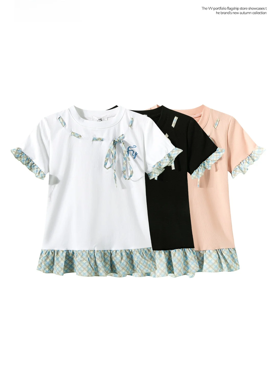 Chic Plaid Tie-Detail Letter Splicing Short Sleeve T-Shirt Women's Slim Fit Elegant Fake Two-Piece Ruffle Hem Top Summer