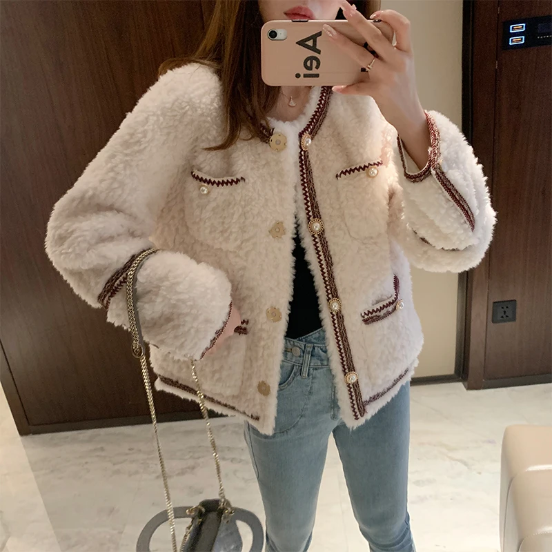 2023 Autumn Winter Fashion Women Real Lamb Fur Coats Female Sheep Shearing Overcoats Ladies O-neck Genuine Fur Jackets O537