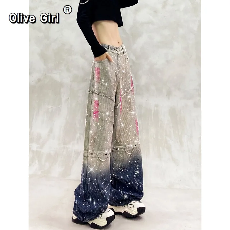 Olivegirl Denim Jeans Full Sky Star Diamond Painted Rivet Chain Pants Women Trousers High Waisted Loose Straight Leg Wide Leg