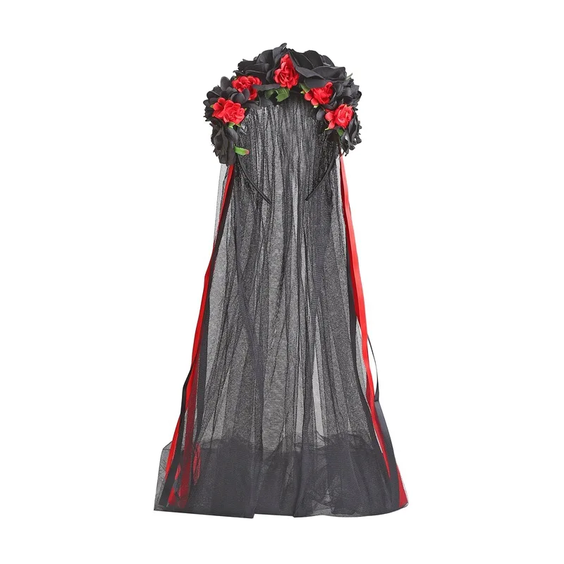 새로운 할로윈 파티 리본 헤어밴드 시뮬레이션 꽃 장미 블랙 롱 메쉬 리본 여성용