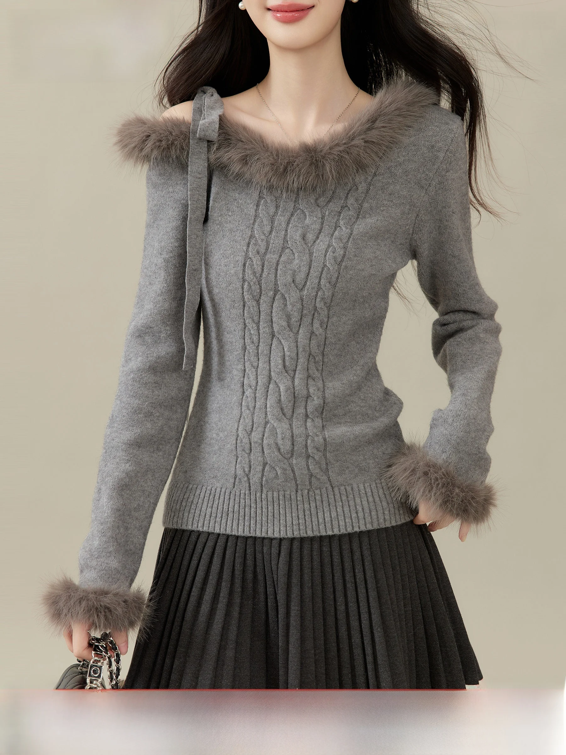 

Облегающий трикотажный джемпер с меховым воротником Lingjiu: Новинка весенней коллекции, женская внутренняя одежда из мягкого полиэстера, в стиле принцессы, с длинным рукавом