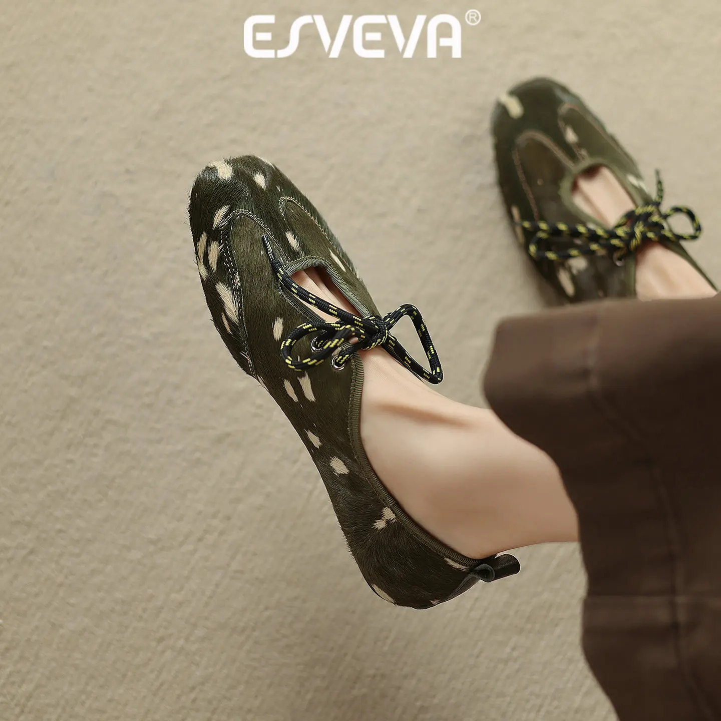 ESVEVA 2026 Fashion Horsehair Women Flats Shoes Casual Loafers Lace-up Woman Spring News Shoes Round Toe Ladies Dress 35-43