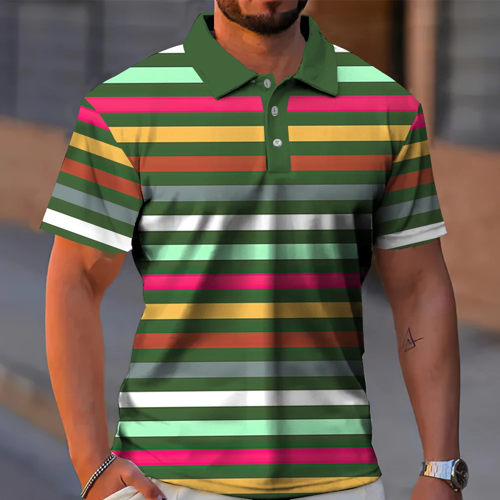 New Striped Men\'s Polo Shirt Summer Casual Short Sleeve T-Shirt For Men Golf Sport Shirts Loose Oversized Polo T-Shirt Top 2024