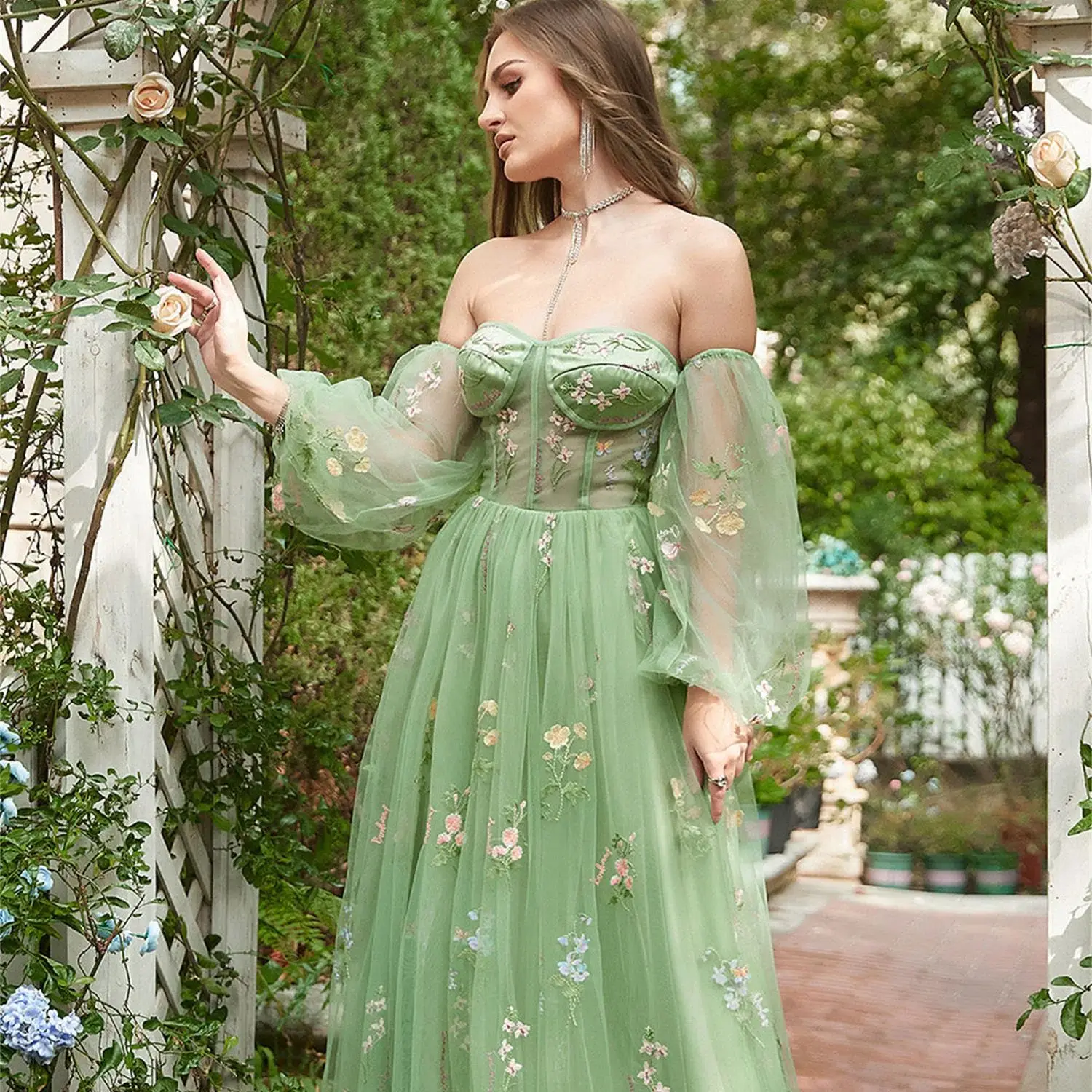 Aileen Removable Puff Sleeves Sweetheart Embroidery Grass Green Custom Made Evening Dresses Woman Elegant Party Dress 2024 Women