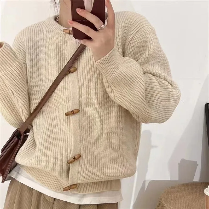 

Women Cardigan Korean Style Loose Casual Female Sweater Jackets New Solid Tops Jacket Round Collar Single Breasted Knitwear B884