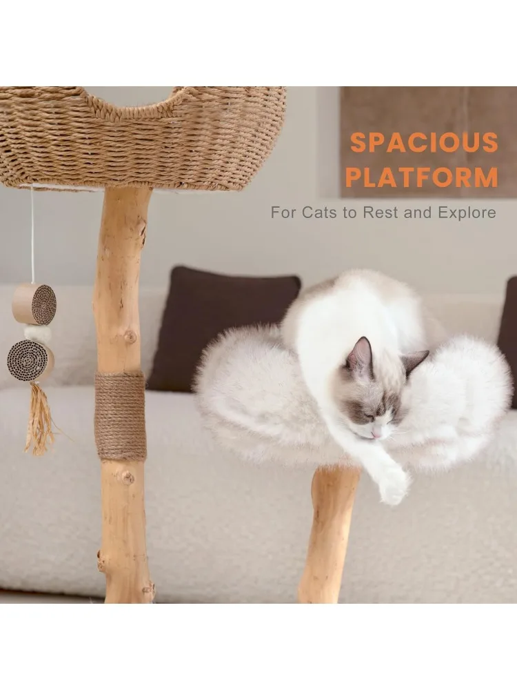 Tower with Two Real Branches, 44 INCH Wood Modern Cat Tower with Luxury Cat Condo, Cat Scratching Post, Jumping Platfor