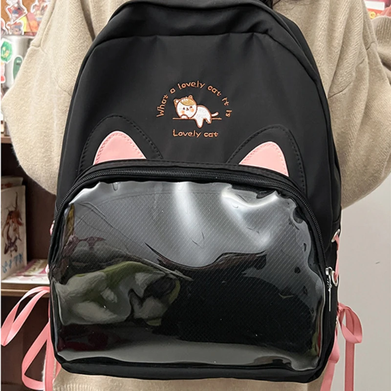 Sweet Y2k Aesthetic Chic Girls Backpacks High-capacity Kawaii Transparent Women Ita Bags Students Casual Cartoon Cat Schoolbags