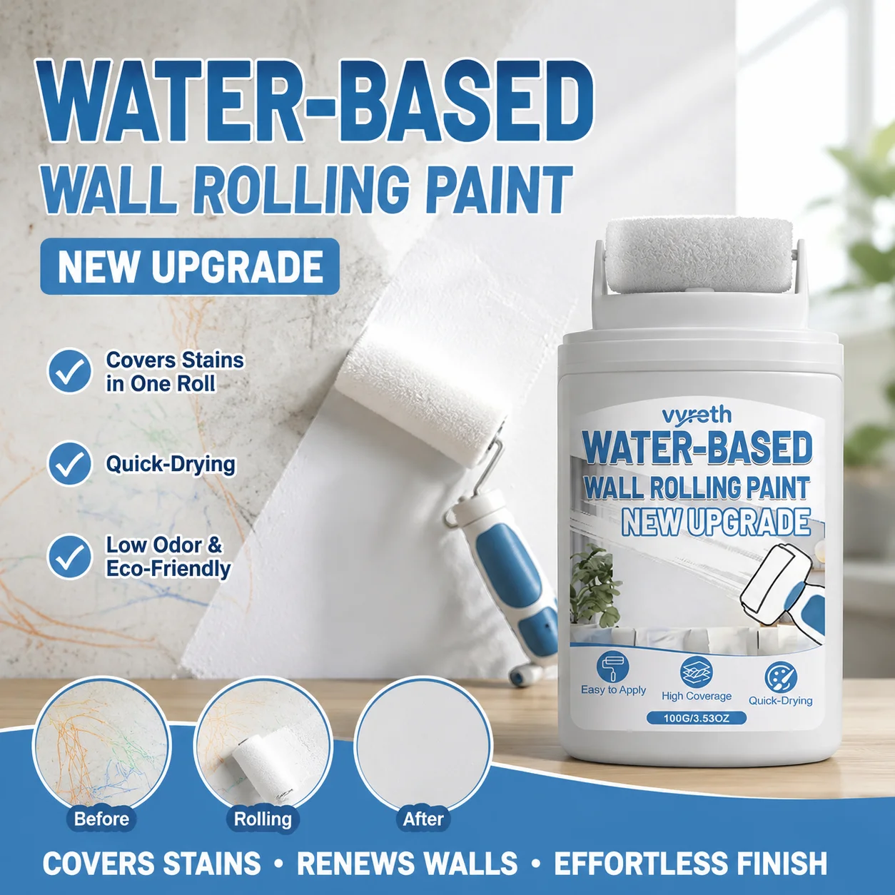Roller White Wall Paint High Hiding Power Wall Repair Paste Drywall Patch Paint Stain Cover Up Paint DIY Home Touch Up Paint