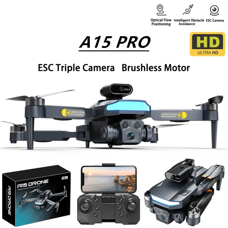 2024 New A15 Drones 4K Professional Brushless HD Optical Flow Lens ESC Three Camera Folding Remote Control Airplanes Gift