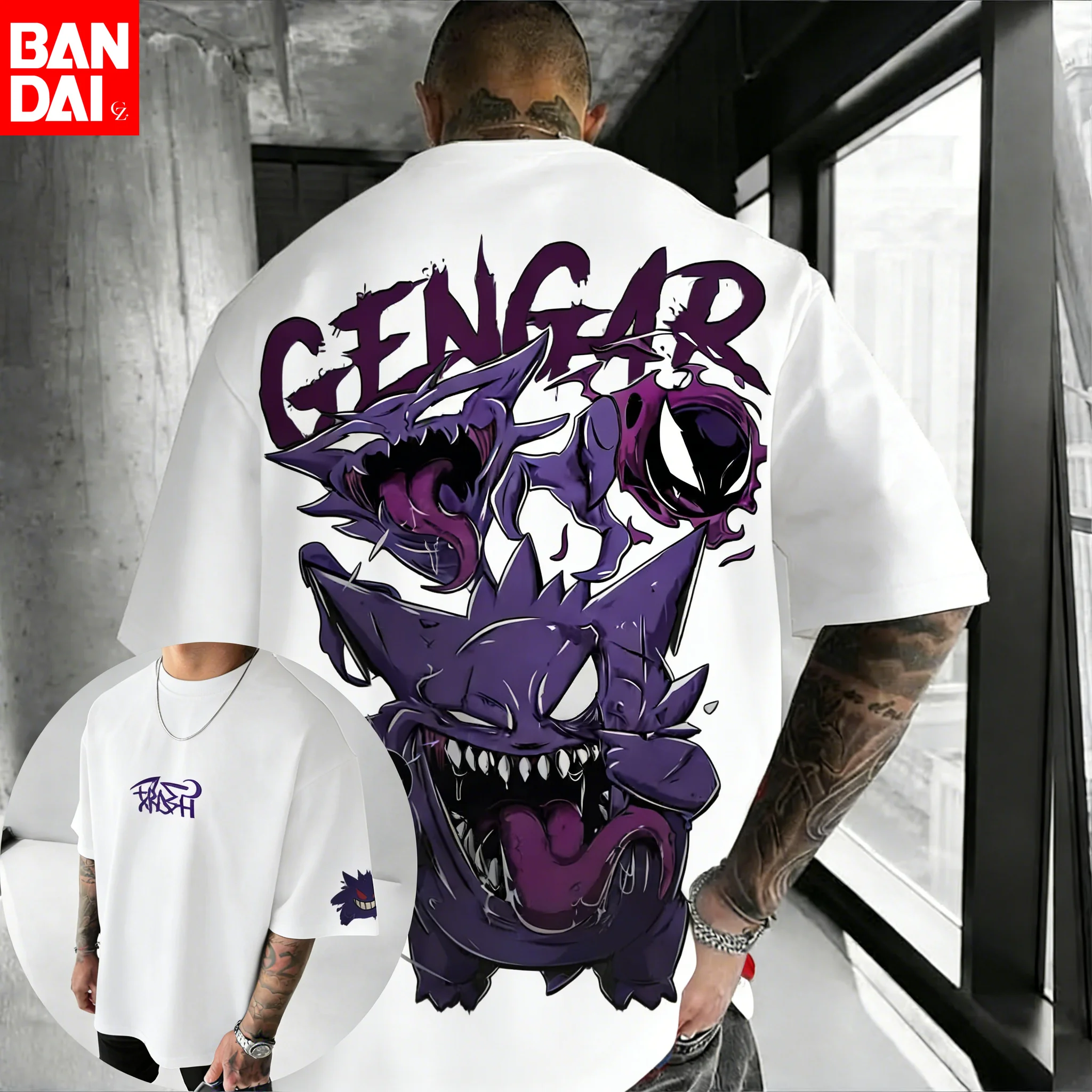 Camiseta de algodón para hombre Pokemon 2026, ropa de calle con estampado de Gengar Mega Gengar Fusion, ropa informal de gran tamaño para uso diario, regalo para fanáticos del Anime