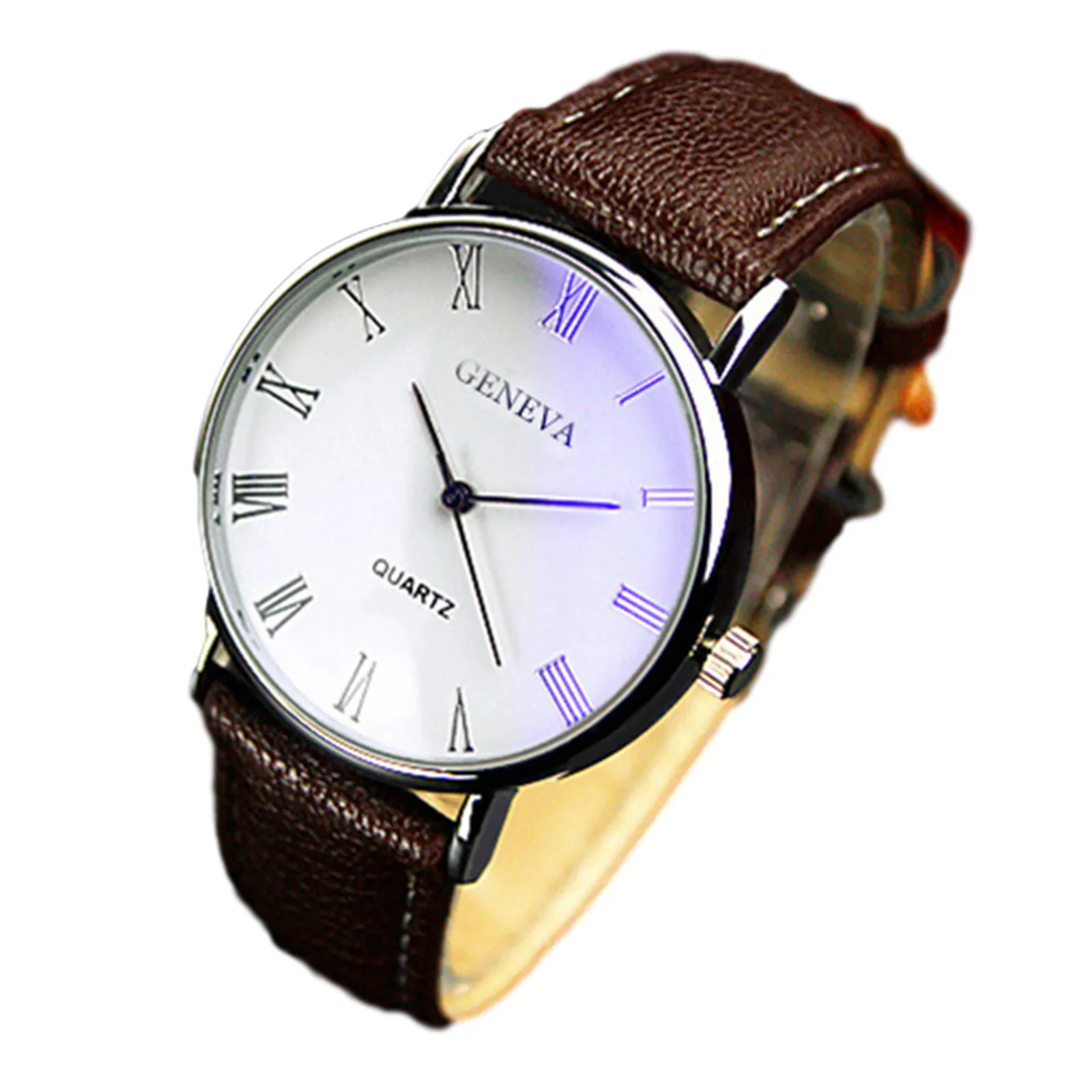 Trendy Roman Numeral Men’s Watch Iridescent Blue Light Quartz Watch Chic Brown Leather Band Silver Frame Fashion Wristwatch
