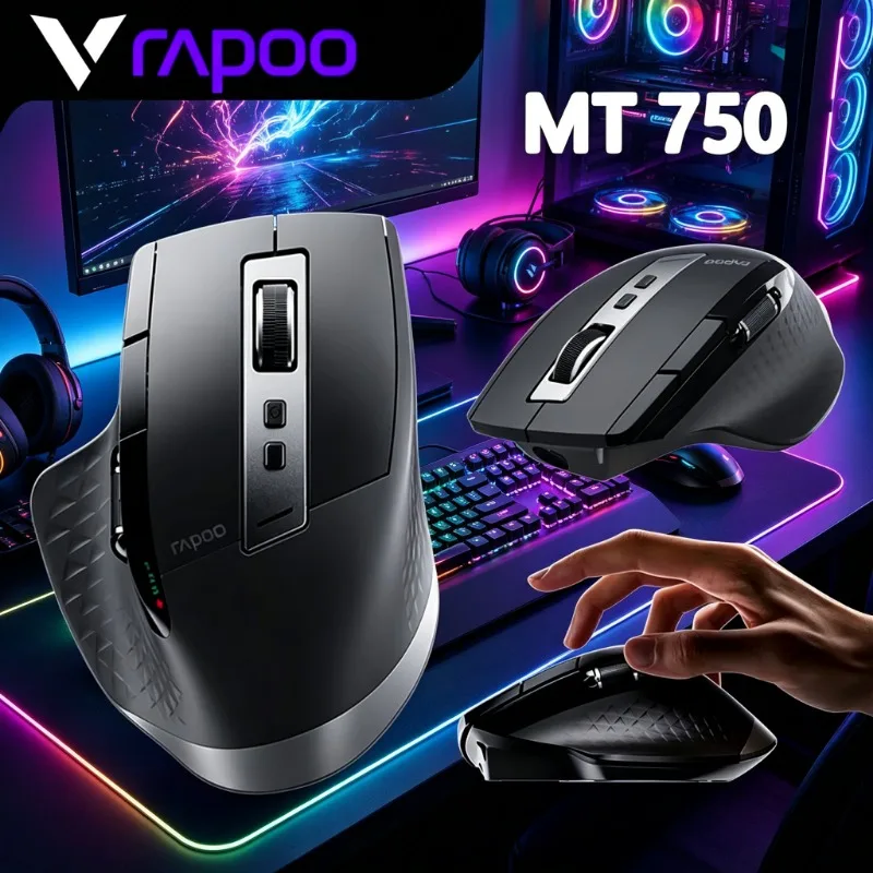 RAPOO MT750 Wireless Bluetooth Mouse, Rechargeable Laser Business Gaming Office Large Hand Mouse 4.0 Multi-mode