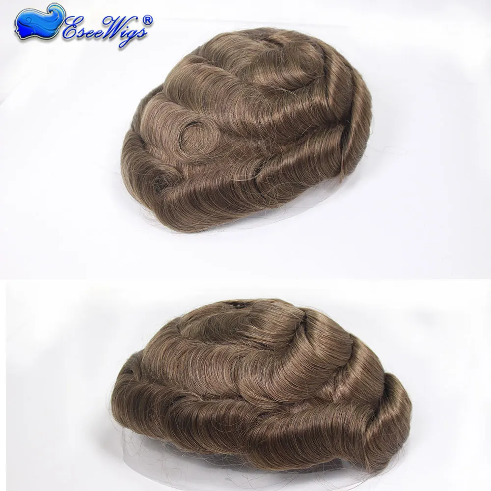 شعر بشري هندي مموج للرجال قطعة شعر مستعار أحادية الدانتيل 10X8 بني فاتح 7 # نظام استبدال الألوان للرجال